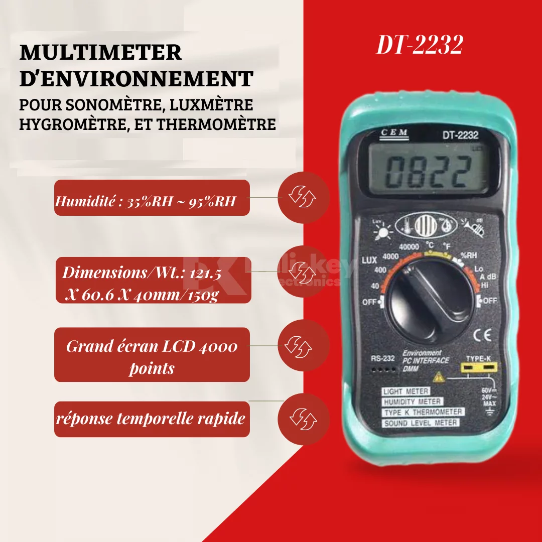 DT-2232 4en1 Multimètre d’environnement pour sonomètre, luxmètre, hygromètre, et thermomètre
