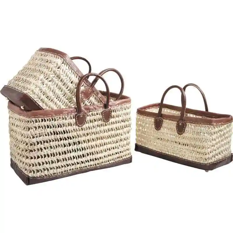 Cabas rectangulaire en palmier, tour cuir, fond cuir